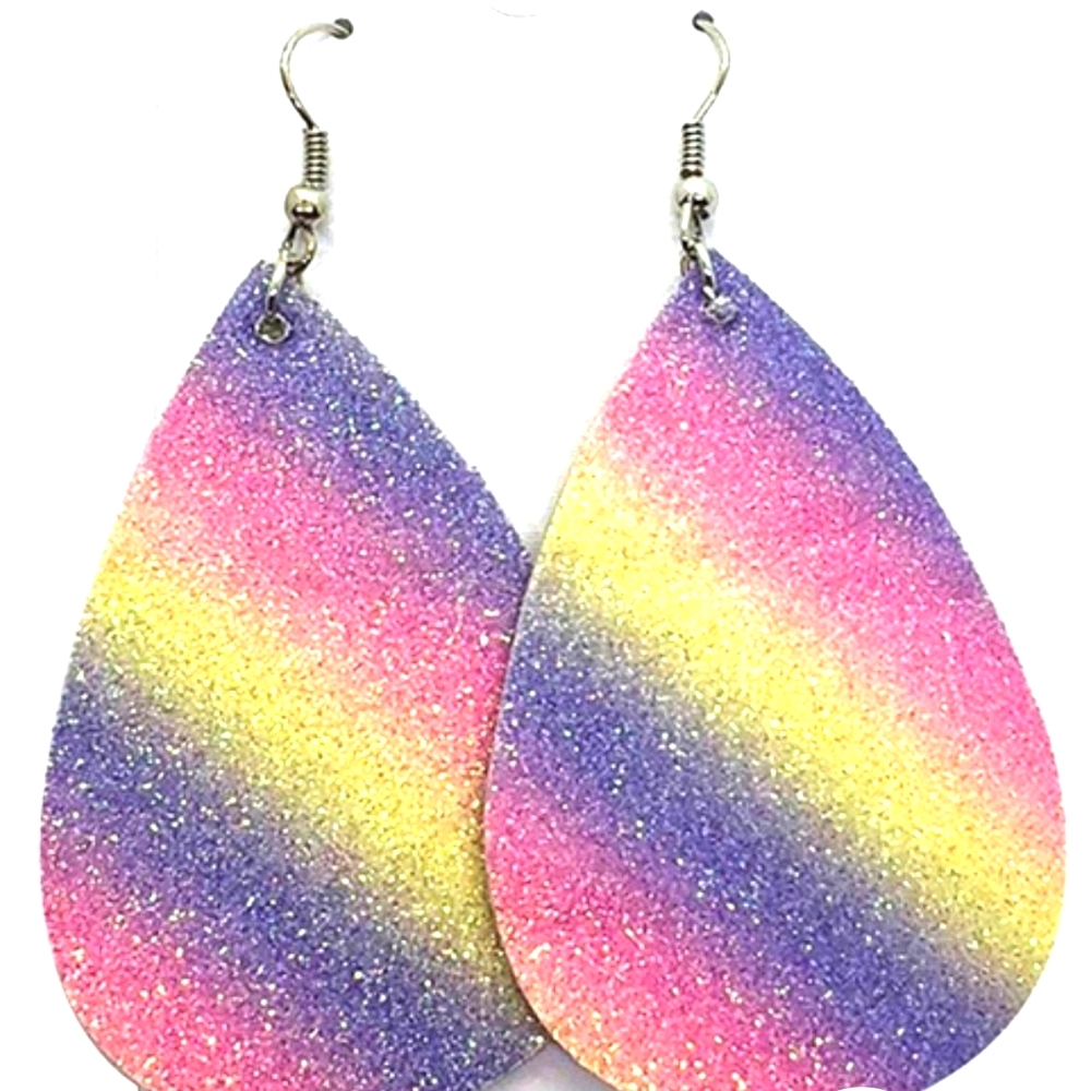 Rainbow Glitter Teardrop Cutout Leather Earrings